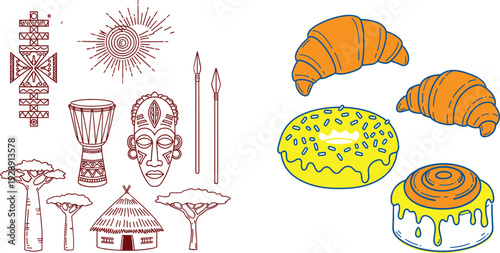 Hand drawn illustration elements vector set with African tribal symbols masks huts sun and baked pastry desserts croissants and donuts isolated on white background