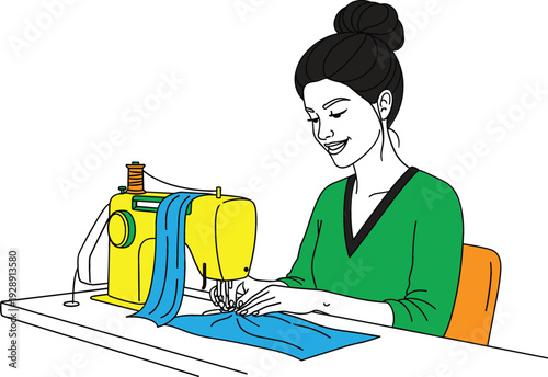 Woman sewing with sewing machine vector illustration tailor dressmaker crafting clothing textile work handmade fashion concept isolated on white background