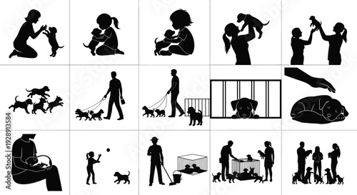Collection of black and white silhouette illustrations showing people interacting with puppies, from play to care.