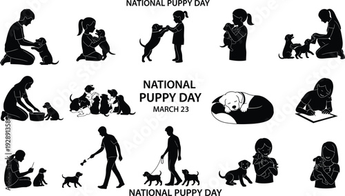 National Puppy Day illustrations: people and puppies engaging in various activities like playing, grooming, and cuddling.