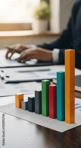 Businessperson analyzing colorful bar graph on desk in office setting with computer