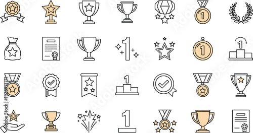 Achievement and award icons vector set with trophies medals stars certificates rankings and victory symbols line and filled styles isolated on white background