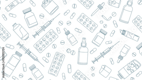 Patterned illustration of medical items like pill bottles, syringes, tablets, sprays, and blister packs, in a simplistic, sketchy style on a white background.