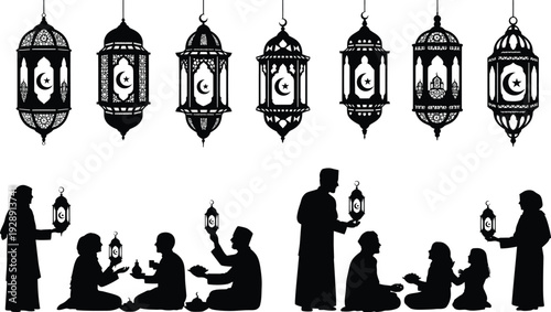 Decorative Islamic lanterns and silhouettes of people celebrating Ramadan and sharing moments of togetherness.