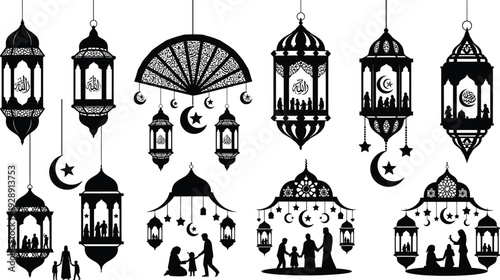 Intricate Islamic lanterns, mosques, and silhouettes of families celebrating Ramadan and togetherness.