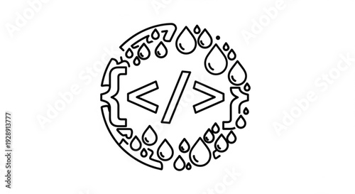 Symbolic representation of code surrounded by water droplets in a circular pattern from a straightforward view