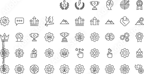 Business success and achievement line icons vector set with trophies gears targets growth arrows leadership and strategy symbols isolated on white background