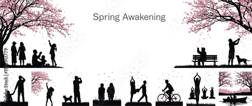 Spring awakening scenes: people enjoying nature, yoga, biking, and family moments under cherry blossoms.