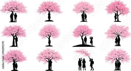 Silhouettes of couples and individuals enjoying the beauty of blooming cherry blossom trees in spring.
