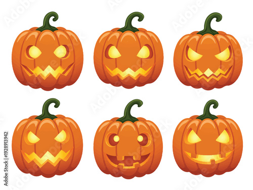 Halloween pumpkins with different carved faces on white background  various expressions