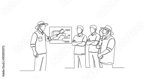 Four workers discussing project details in a meeting room with a presentation screen visible