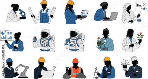 Modern illustration of diverse professionals in STEM fields, showcasing scientists, engineers, and astronauts with tools and technology.