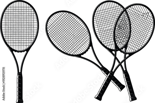 Tennis racket vector illustration set with single and crossed rackets sports equipment outline design isolated on white background