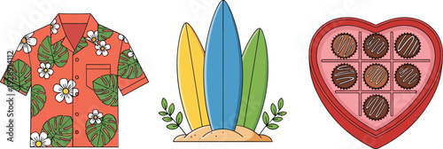 Summer lifestyle icons vector set with tropical shirt surfboards beach elements and heart shaped chocolate box isolated on white background