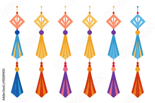 A colorful vector graphic illustration of hanging tassel decorations with beads and geometric shapes on a white background