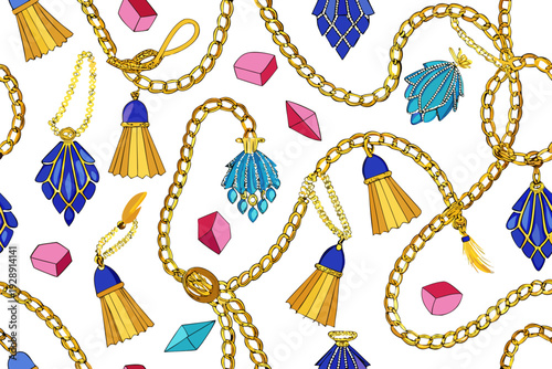 A colorful illustration of jewelry including necklaces and gemstones on a white background