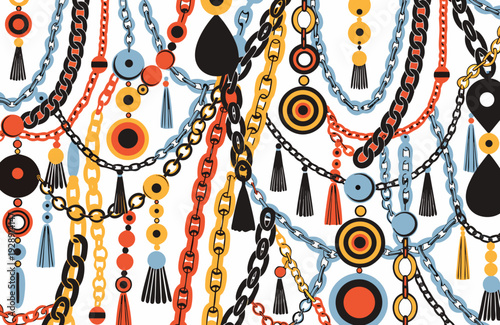 A colorful illustration of various jewelry pieces, including necklaces and pendants, in a vibrant and eclectic mix of shapes and colors.