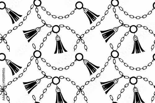 A seamless pattern of black tassels and chains on a white background, featuring a repeating design of circular motifs with tassels and chain links.