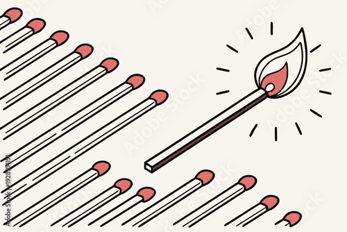 A vector graphic illustration of a lit match standing out from a group of unlit matches