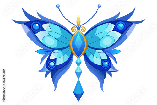 A vibrant blue butterfly icon with gold accents and jewels, set against a white background