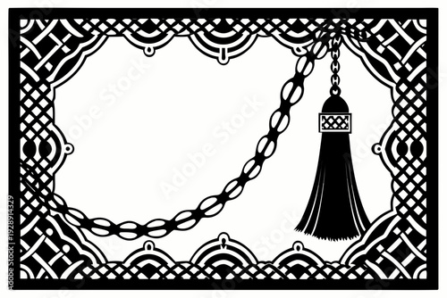 A black and white vector graphic of an ornate frame with a tassel and chain design