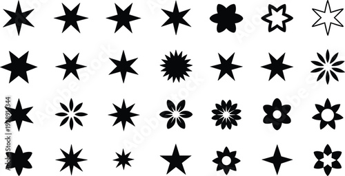 Star and Floral Silhouettes Collection Isolated on White Background, Decorative Burst and Flower Shape Set Illustration Design
