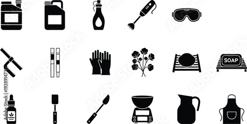 Set of black and white icons representing various soap making tools and laboratory equipment