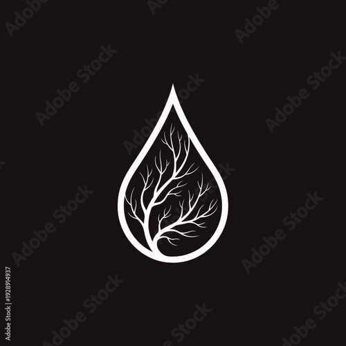 Minimalist white tree and droplet logo symbolizing nature, growth, and purity on a black background