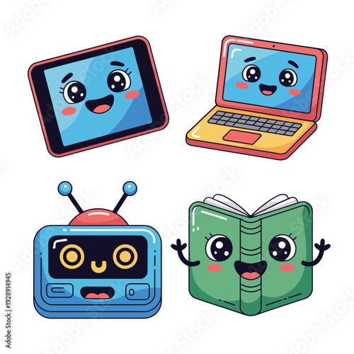 Kawaii tech education icons with smiling tablet, laptop, robot, open book characters, cute study clipart for classroom poster and apps