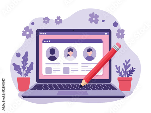 Laptop computer with profile page on screen and pencil on keyboard surrounded by flowers and plants on white background