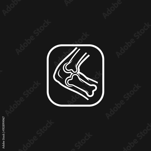 Minimalist white line art icon depicting a human elbow joint, illustrating skeletal anatomy for medical, health, and orthopedic applications in modern digital design