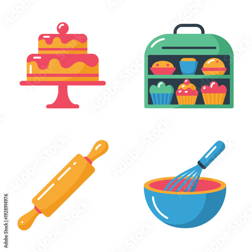 Baking tools and dessert vector set with cake stand, rolling pin, mixing bowl, whisk, pastry clipart for kitchen bakery marketing