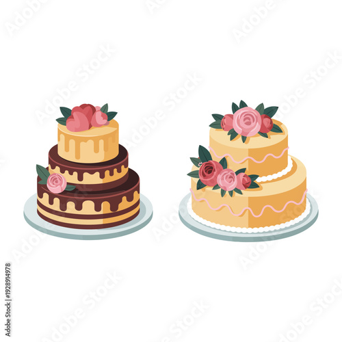Elegant wedding cake pair with sugar flowers, tiered dessert illustration for bridal shower, anniversary party, bakery catalog, event invitation design
