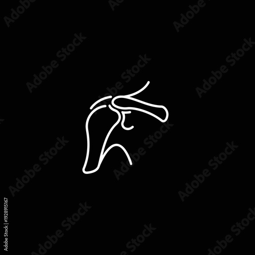 Sleek minimalist line art illustration of human shoulder joint anatomy, a modern white icon representing skeletal structure, orthopedics, health, and medical science design elements