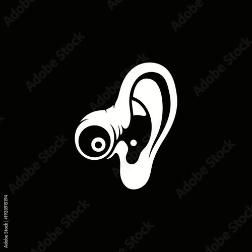 Dynamic white line art illustration of a human ear, incorporating a unique inner spiral motif, symbolizing perception, sound, and sensory experiences for modern branding