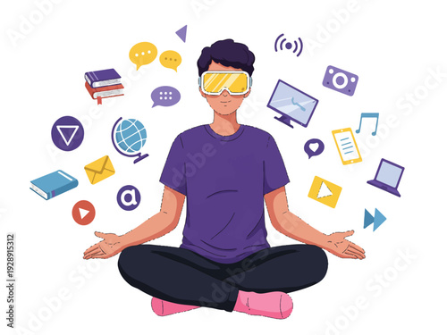 Man wearing virtual reality headset and meditating with technology icons around him