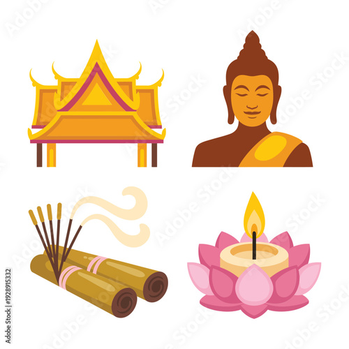 Buddhist ceremony elements with temple pavilion, serene buddha, lotus candle, incense bundle for thai festival, makha celebration poster, spirituality design