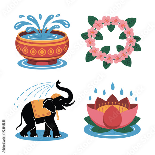 Thai new year Songkran bowl, floral wreath, lotus and elephant splashing water, traditional water festival celebration illustration design vector