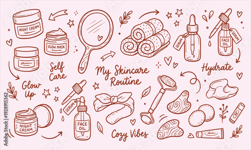 Hand Drawn Skincare Routine Elements with Jars Serums Gua Sha and MirrorStock Illustration