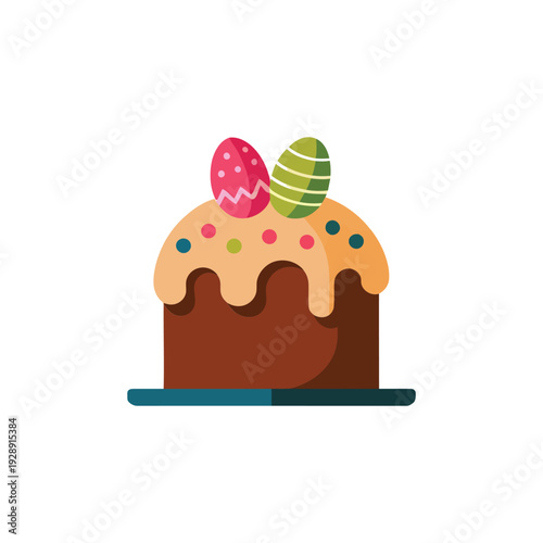 Easter cake with icing and decorated eggs on top, spring holiday dessert illustration for greeting card, party invitation design