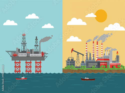 Offshore oil rig and industrial factory with smokestacks on land by the sea side by side  industrial pollution comparison