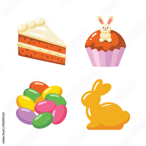 Easter sweets collection with layered cake slice, bunny cupcake, colorful jelly beans and chocolate rabbit, holiday candy vector illustration