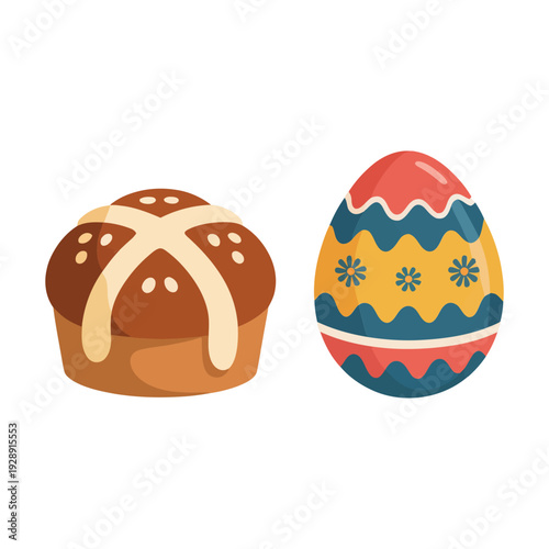 Easter food icons with hot cross bun and painted eggs, spring religious holiday vector for brunch invitation, seasonal bakery promotion