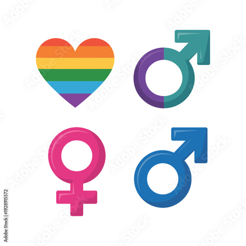 Rainbow heart and gender symbols icon set, pride month vector for equality campaign, lgbt community poster, social awareness event