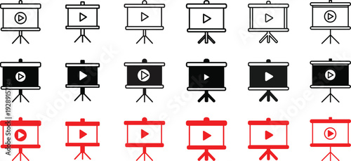 Video Presentation Screen Icons Set – Media Playback, Training, Webinar and Conference Slides