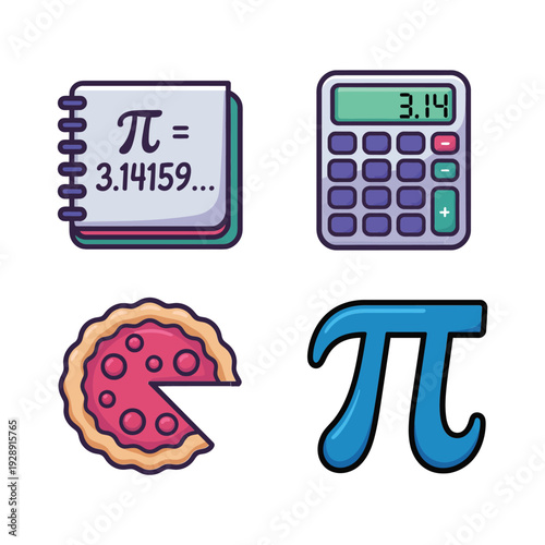 Pi day study set with notebook, calculator, pie slice and pi symbol, mathematics holiday celebration, school activity design vector