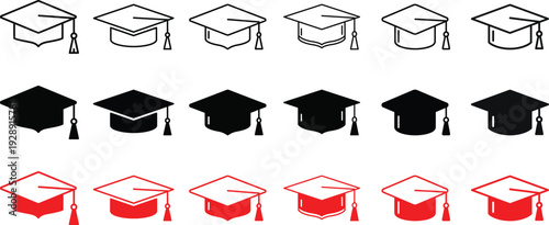 Graduation Cap Icons Set – Education, Learning, Degree and Academic Symbols