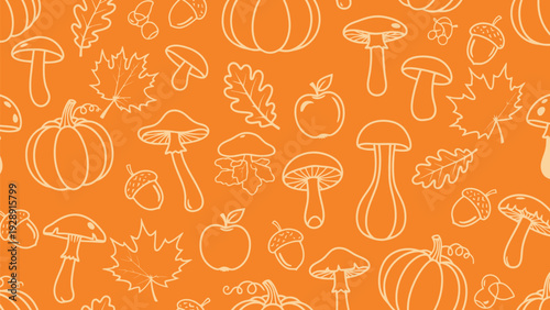 Seamless pattern of pumpkins, mushrooms, leaves, acorns, and apples outlined in white on a bright orange background, evoking a playful autumn vibe.