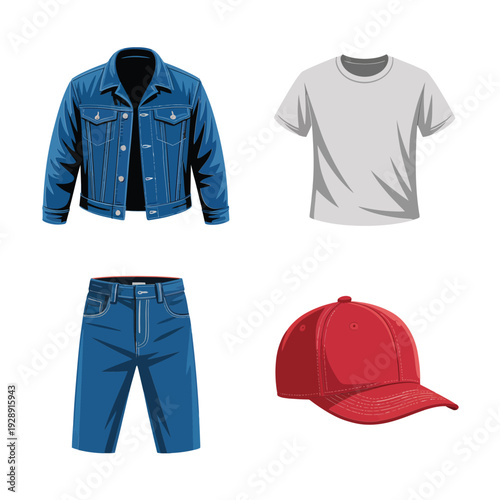 Casual weekend clothing set with denim jacket, gray t shirt, blue shorts and red cap, modern outfit for lifestyle branding