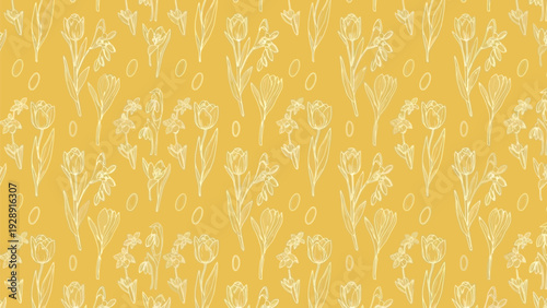 Patterned design of delicate white floral sketches, including tulips and leaves, on a warm mustard yellow background, conveying a cheerful, fresh tone.